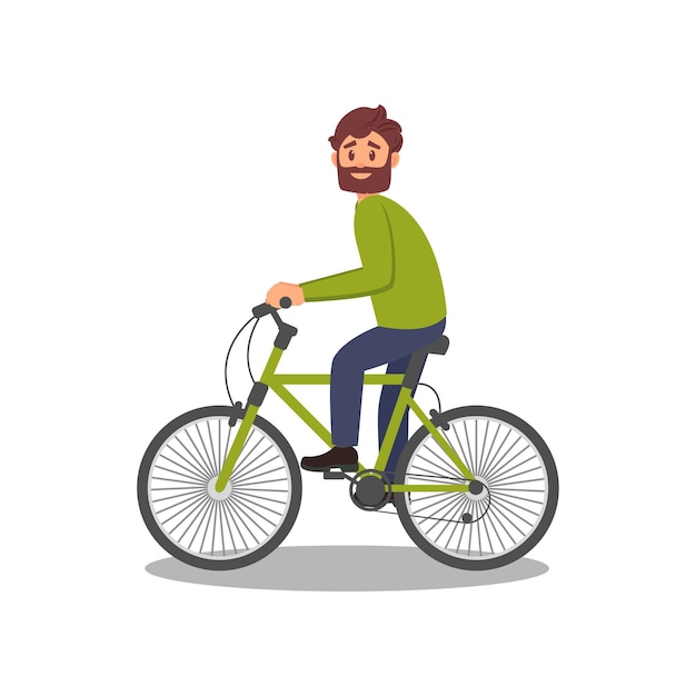 Homem barbudo andando de bicicleta estilo de vida saudável e ativo eco amigável veículo de transporte alternativo ilustração sobre um fundo branco