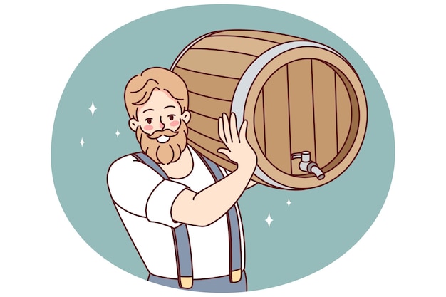 Vetor homem barbudo carregando um barril de cerveja barman ou garçom sorridente segurando um barril com álcool