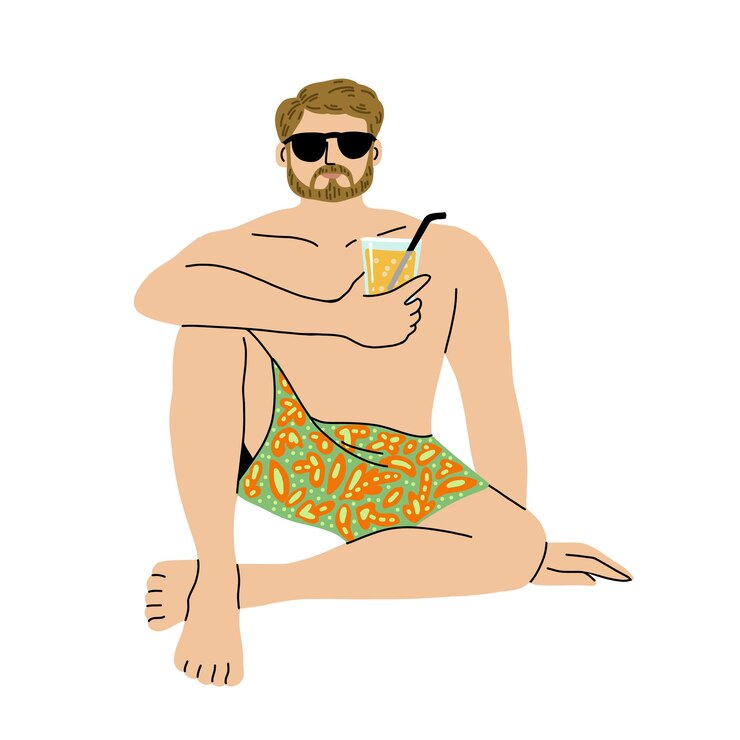 Vetor homem barbudo com óculos de sol e calções curtos