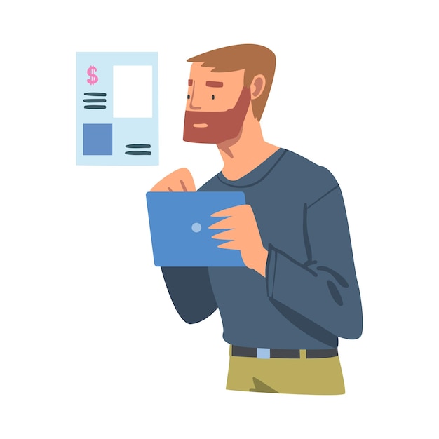Homem barbudo com tablet PC analisando o crescimento do lucro financeiro e avaliando a ilustração do vetor de receita e despesa