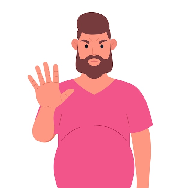 Homem barbudo de camiseta rosa mostrando sinal de pare com a mão personagem masculino zangado ilustração vetorial