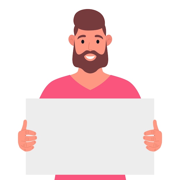 Homem barbudo em camiseta rosa segurando uma folha vazia de cartaz em branco de papel branco ou placa ilustração vetorial