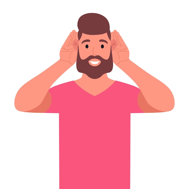 Homem barbudo em camiseta rosa tentando ouvir algo sério o cara está levantando as mãos para os ouvidos ilustração vetorial