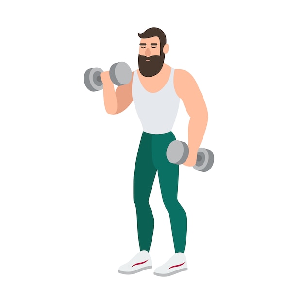 Vetor homem barbudo em roupas esportivas, fazendo exercício físico com um par de halteres. personagem de desenho animado masculino realizando peso ou força treino treino ilustração.