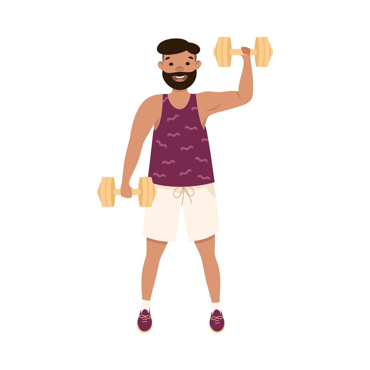 Vetor homem barbudo em top de treinamento e calções no ginásio levantando halteres fazendo exercício físico e ilustração vetorial de treino