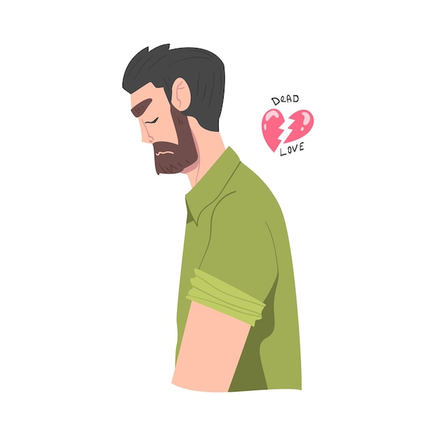 Vetor homem barbudo frustrado com o coração partido sentindo agonia por causa da ilustração do vetor do amor infeliz