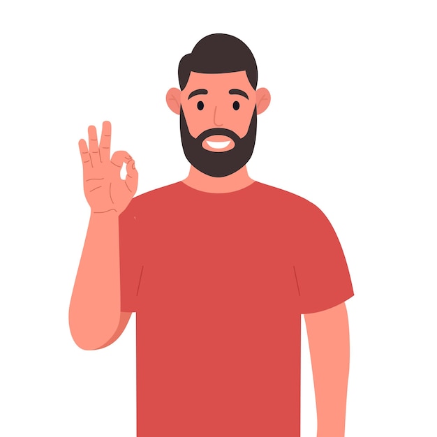 Homem barbudo mostrando gesto ok o homem feliz expressa suas emoções positivas ilustração em vetor