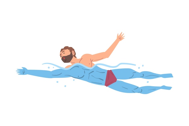 Homem barbudo nadando em piscina pessoa em trajes de banho realizando atividades aquáticas esporte de natação aquática