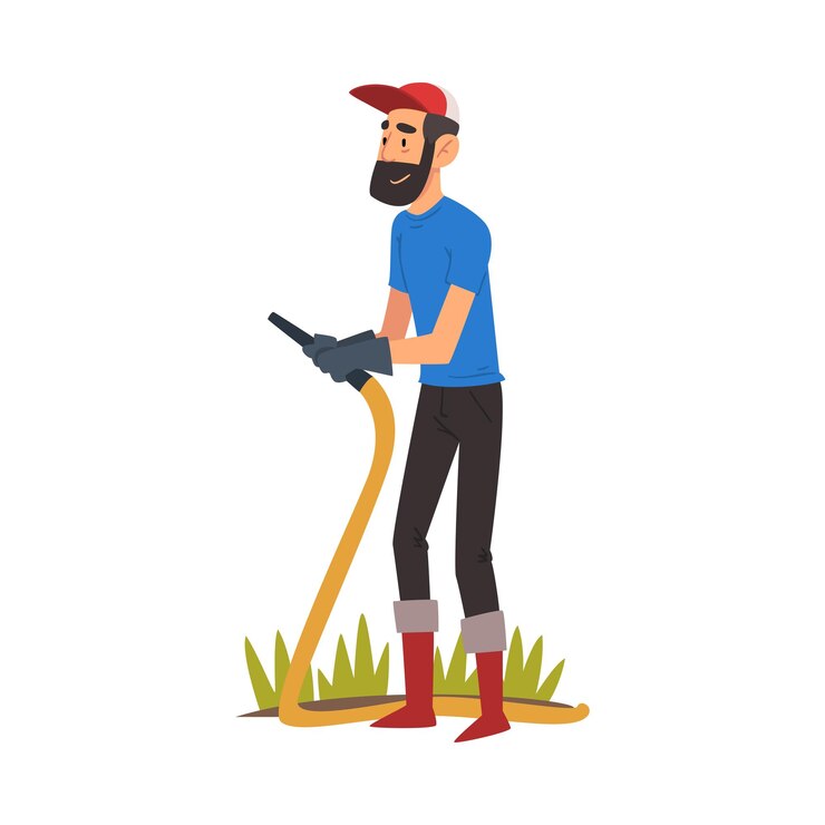 Vetor homem barbudo regando plantas com mangueira de jardim homem desfrutando de jardinagem ilustração vetorial de proteção ambiental