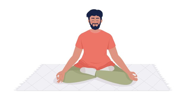 Homem barbudo sorridente meditando sobre o personagem de vetor de cor semiplana do tapete