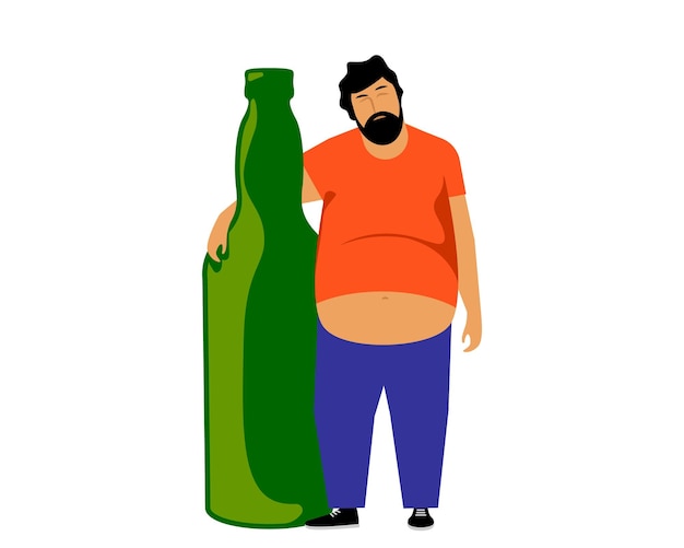 Homem bêbado abraçando uma garrafa de álcool alcoólatra com um mau hábito ilustração em vetor