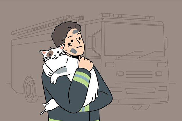 Vetor homem bombeiro com gato heroicamente resgatado de casa em chamas fica perto de caminhão de bombeiros e abraça animal de estimação cara corajoso em uniforme de bombeiro ou socorrista ajudou gato a sair do problema