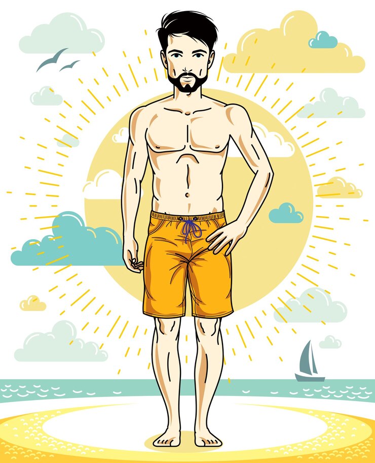 Vetor homem bonito com barba e bigodes em pé na praia tropical e vestindo shorts de moda praia. ilustração humana em vetor. tema de férias de verão.