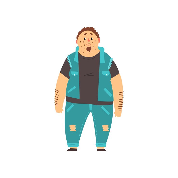 Vetor homem bonito e acima do peso, vestido com jeans e colete jeans, gordo com roupas da moda, corpo positivo