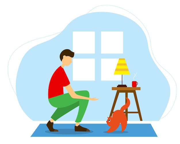 Homem brincando com um gato ilustração vetorial fofa em estilo simples