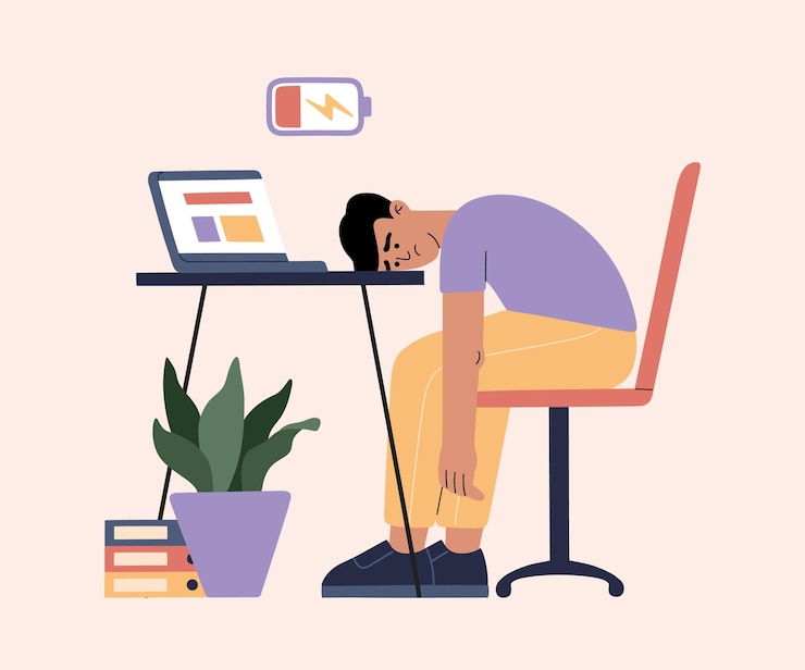 Homem cansado de trabalhar duro, com sono no trabalho.