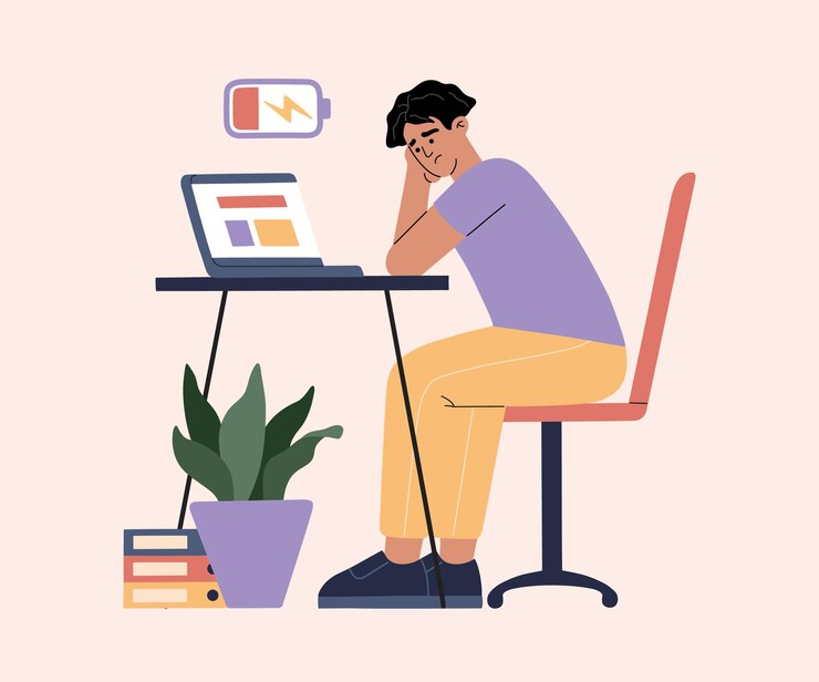 Homem cansado de trabalhar duro, esgotado por causa do trabalho, cara no escritório se senta à mesa com laptop e procrastinando