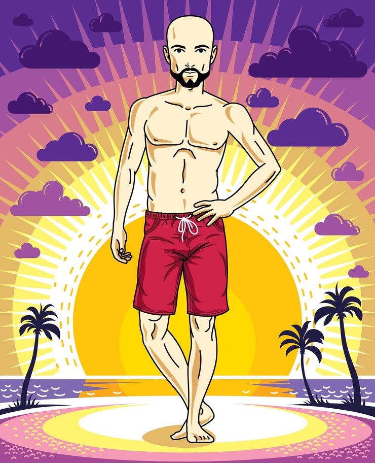 Vetor homem careca bonito com barba e bigodes posa em calções vermelhos no fundo da paisagem do pôr-do-sol com palmeiras. caráter vetorial. tema de férias de verão.