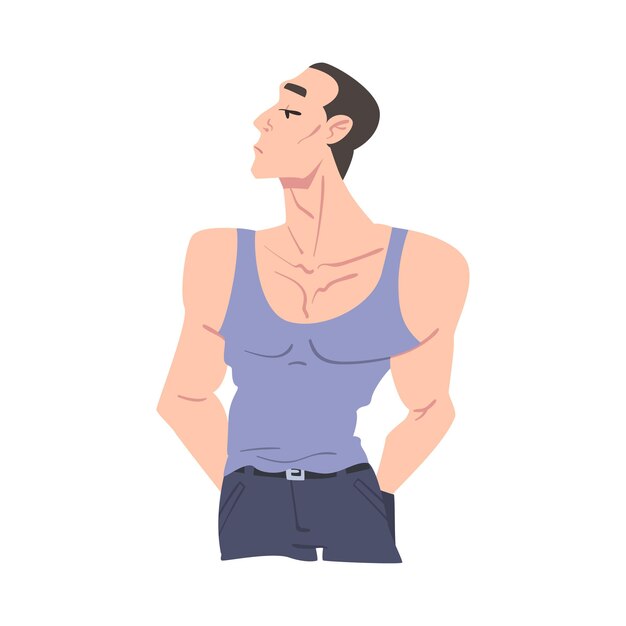 Homem carismático e bonito vestido com um tank top sem mangas Ilustração vetorial de estilo de desenho animado