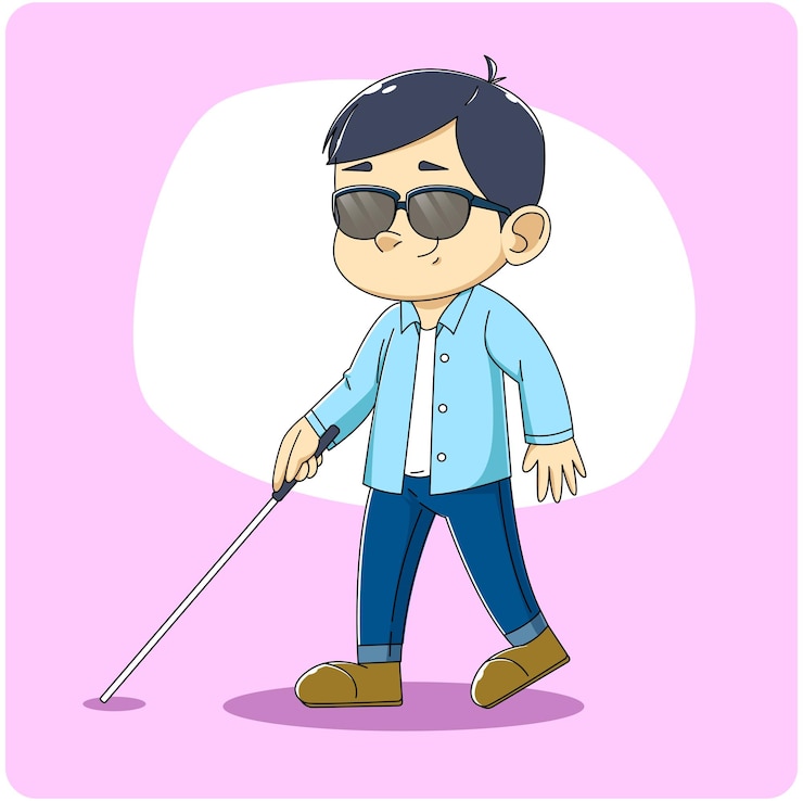 Vetor homem cego andando segurando bastão e usando óculos vetor pessoas cuidados de saúde projeto médico