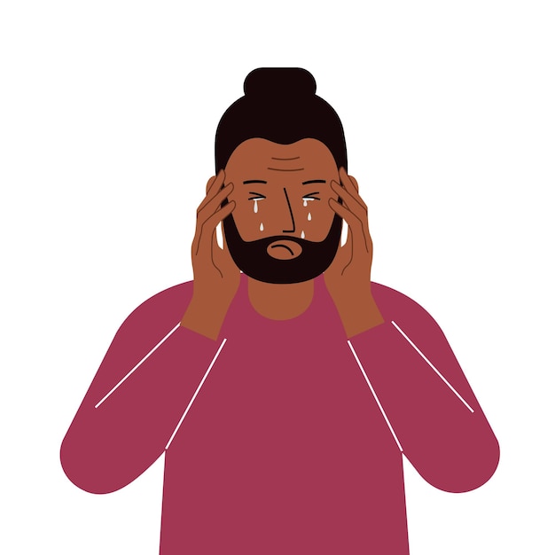 Homem chateado chora e segura a cabeça com as mãos O conceito de dor de ressentimento e depressão Ilustração plana em vetor