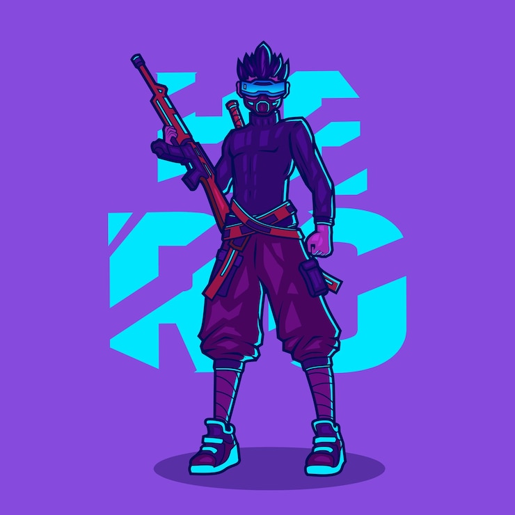Vetor homem ciborgue samurai com ilustração de personagem de desenho animado estilo cyberpunk de arma