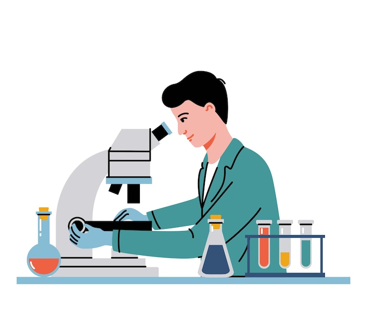 Vetor homem cientista em ilustração vetorial de laboratório pesquisador conduzindo pesquisas com microscópio