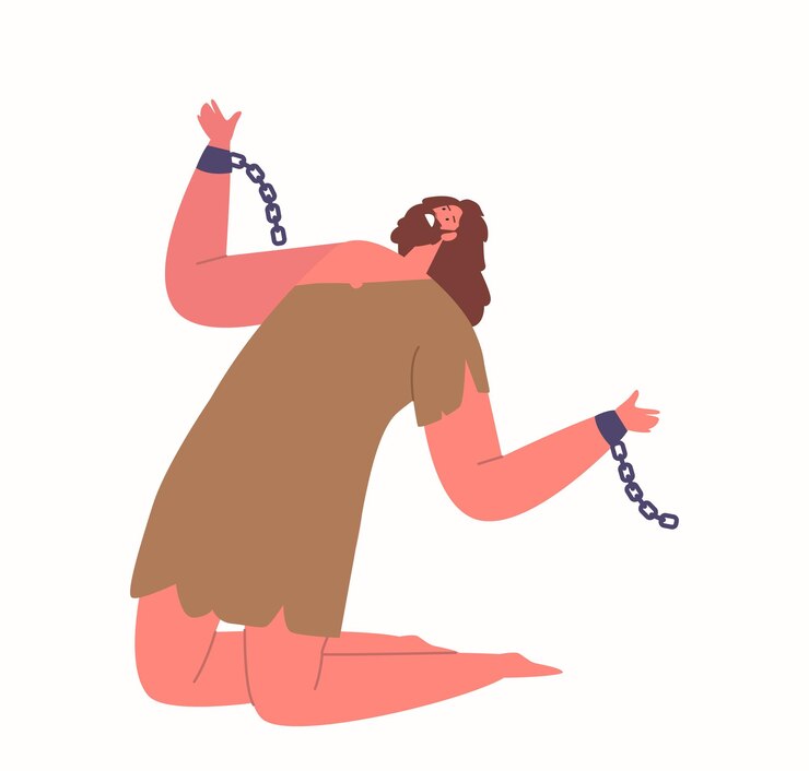 Vetor homem com algemas de corrente quebradas simboliza liberdade, libertação e libertação da opressão ou cativeiro