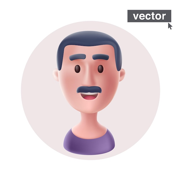 Homem com avatar de bigode em quadro de círculo ilustração realista de personagem em vetor estilo 3d