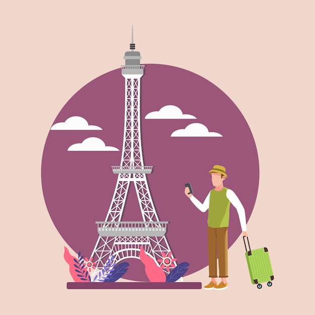 Homem com boné verde indo para a Torre Eiffel em Paris Dia de viagem Vector ilustração colorida