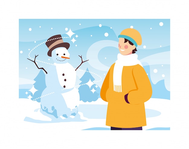 Homem com boneco de neve na paisagem de inverno
