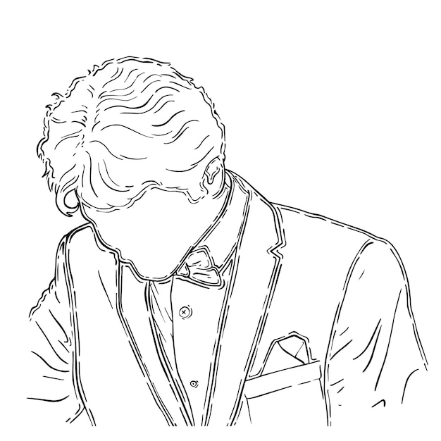 Homem com cabelo curto na camisa com gravata borboleta e jaqueta doodle linear