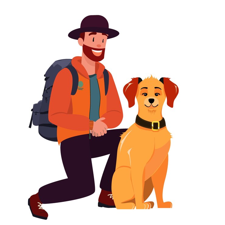 Vetor homem com cão desenho vetor isolado pessoa em jaqueta laranja e mochila cão vermelho bonito sentado