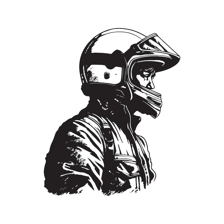 Vetor homem com capacete de motocross de rosto inteiro conceito de logotipo vintage cor preto e branco ilustração desenhada à mão