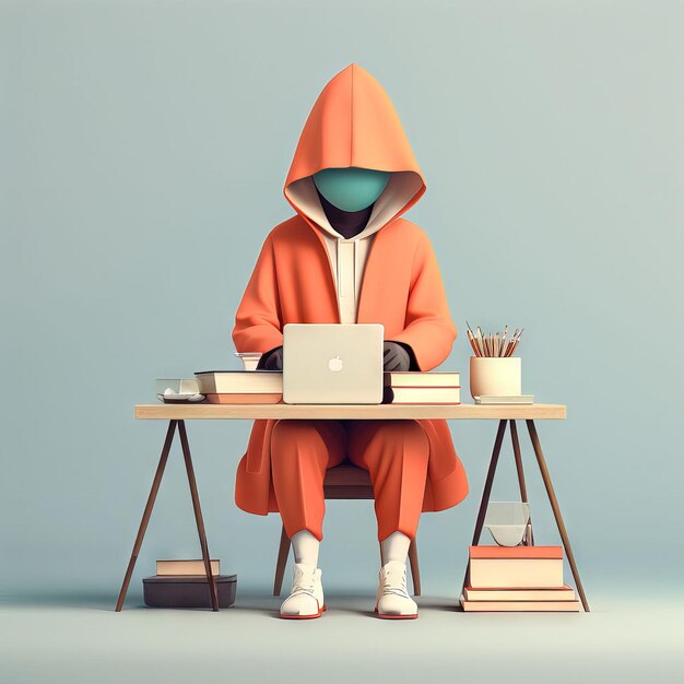 Vetor homem com capuz branco com um laptop e uma chávena de café em uma mesa renderização 3d