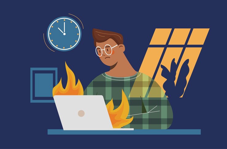 Homem com conceito de prazo Jovem sentado em um laptop em chamas Rogrammer ou especialista em TI atrasado com o projeto Definição de tarefas de meta e gerenciamento de tempo Ilustração de vetor plano de desenho animado