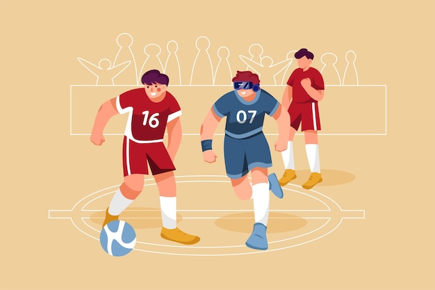 Homem com fone de ouvido VR e jogadores virtuais durante um jogo de futebol