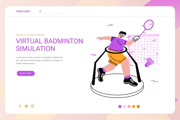 Homem com fone de ouvido vr jogando simulação virtual de esportes de badminton no metaverso