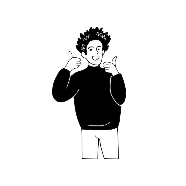 Vetor homem com gesto de polegar para cima. mão-extraídas ilustração vetorial de sinal de emoção humana em fundo branco. desenho de comunicação não verbal. conceito de dicas sociais.