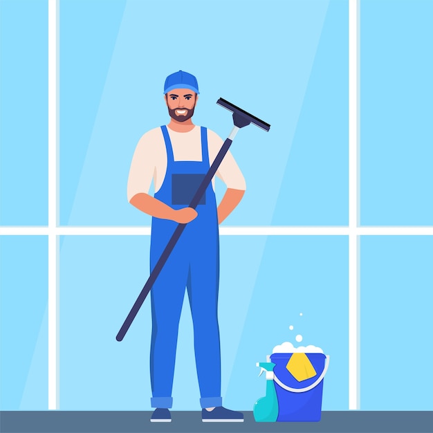 Homem com janela de limpeza uniforme azul e amarela com raspador de vidro e spray de lavagem