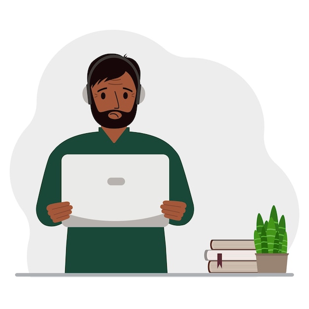 Vetor homem com laptop e fones de ouvido trabalhando em casa estudante freelancer assistente blogueiro ou empresário conceito de escritório em casa