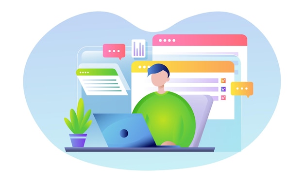 Homem com laptop na mesa Educação online e conceito de trabalho online Gradiente de estilo plano