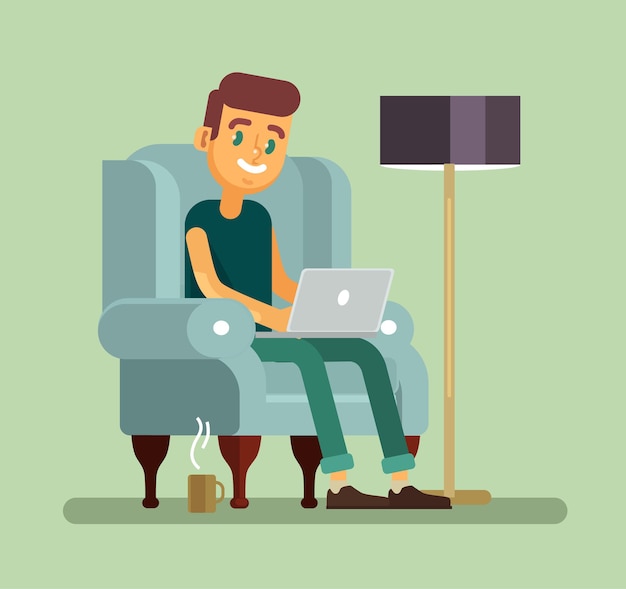 Homem com laptop relaxando na cadeira. ilustração plana dos desenhos animados