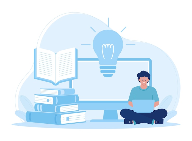 Vetor homem com laptop sentado conceito de educação on-line conceito de aprendizagem à distância ilustração plana