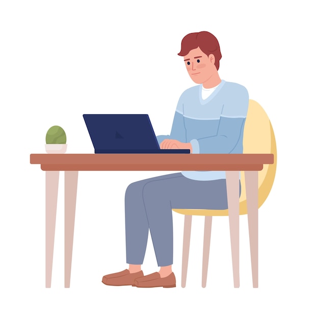 Homem com laptop trabalhando na mesa de escritório personagem de vetor de cor semiplana