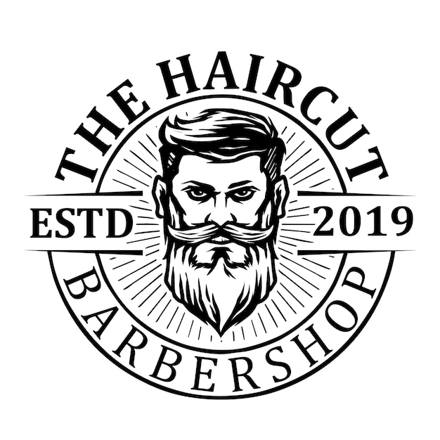 Homem com logotipo de ícone barbudo e barbearia