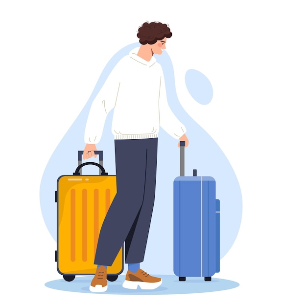 Homem com mala jovem com bagagem e bagagem no aeroporto turista e viajante de férias e