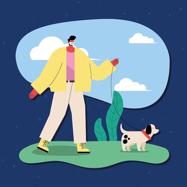 Homem com máscara passeando com cachorro