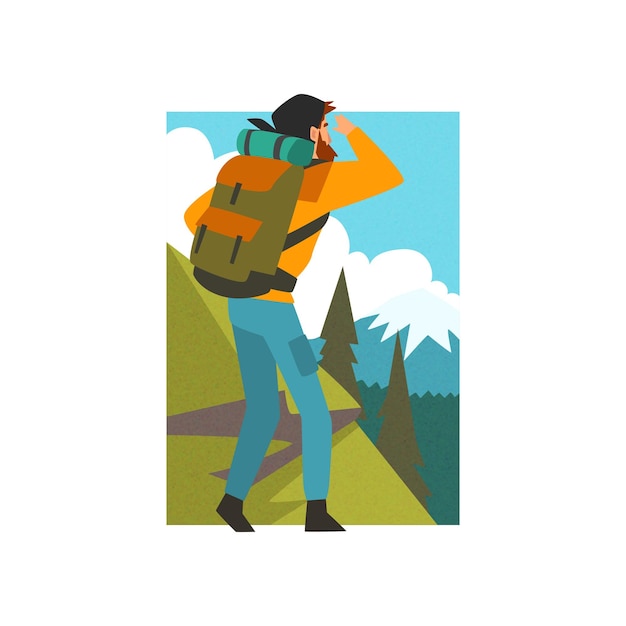 Homem com mochila olhando para a distância no verão paisagem de montanha atividade ao ar livre viagem acampamento