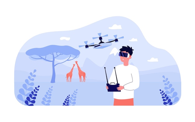 Homem com óculos de realidade virtual voando ao ar livre do drone. personagem masculino usando tecnologia moderna em ilustração vetorial plana de savana. vr, conceito de viagem para banner, design de site ou página de destino